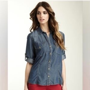 Bella Dahl Chambray Button Down Shirt Medium 100% Tencel Utility Pocket Top